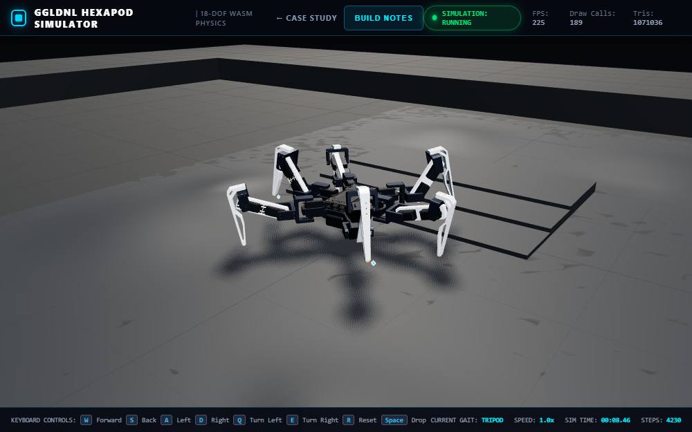 GGLDNL 18-DOF hexapod robot walking over terrain in the MuJoCo browser simulator